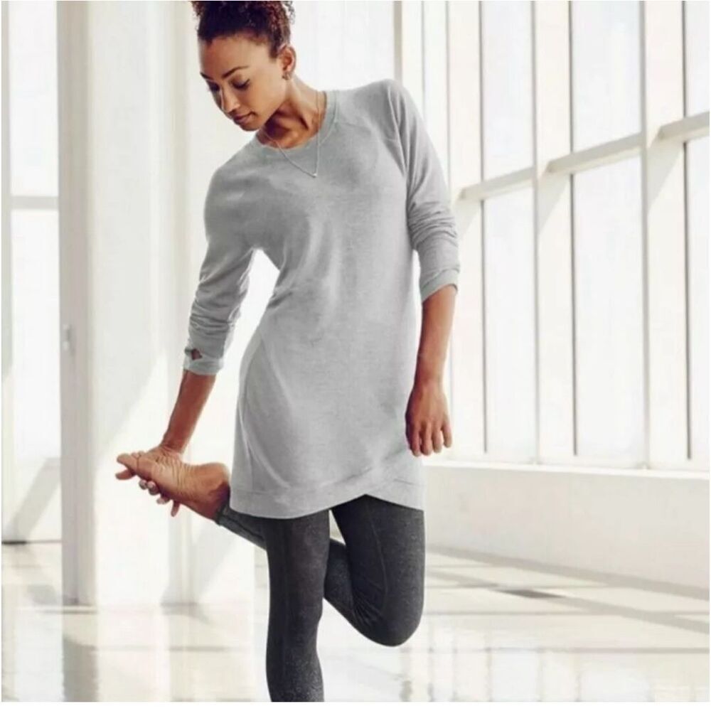 Athleta Sweatshirt Dress Criss Cross Hem Heather Gray Long Sleeve Knit Casual S - Picture 2 of 10